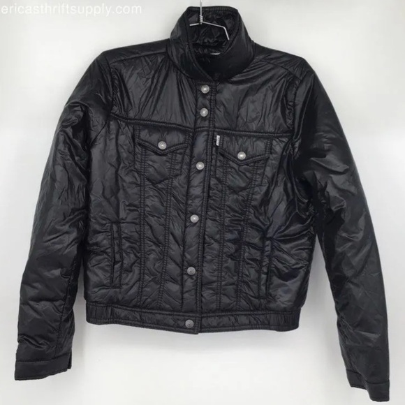 Levi's Women's Black Long Sleeve Snap Puffer Trucker Jacket - Size Medium - Picture 1 of 5